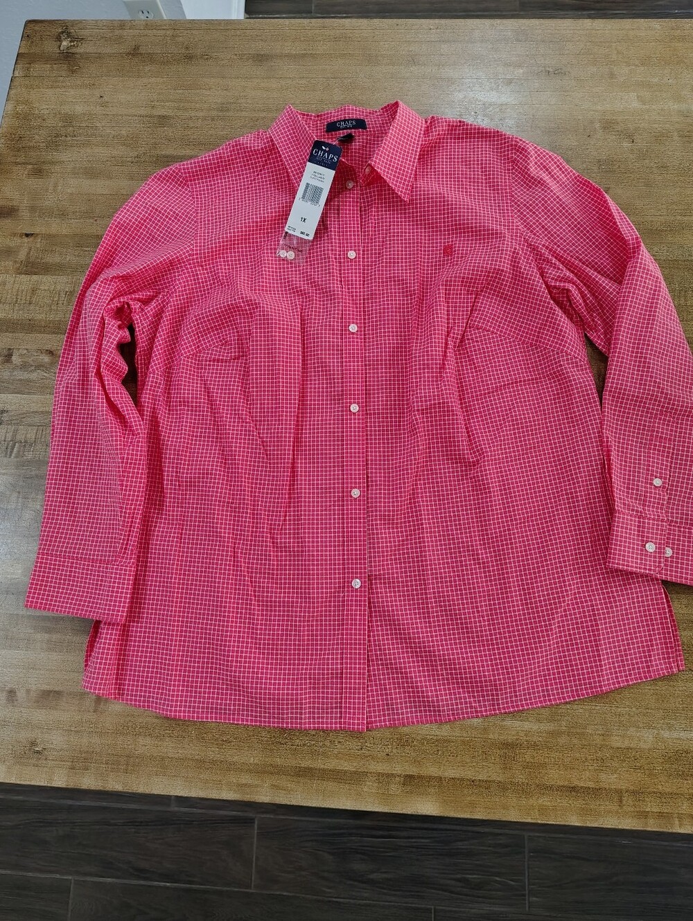 CHAPS T-Coral Gables Parrot Pink & White Gingham Button-Down Shirt NWT